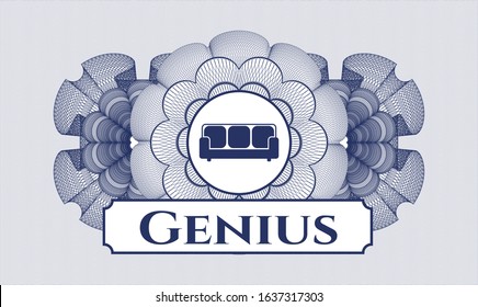 Blue rosette or money style emblem with couch icon and Genius text inside
