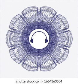 Blue rosette or money style emblem with headphones icon inside