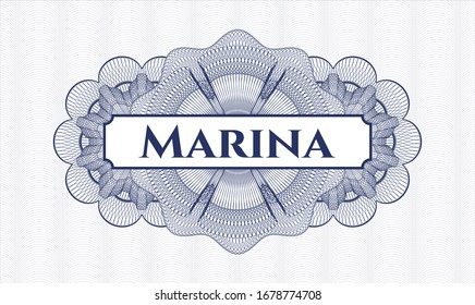 Blue rosette (money style emblem) with text Marina inside