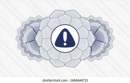 Blue rosette or money style emblem with warning icon inside