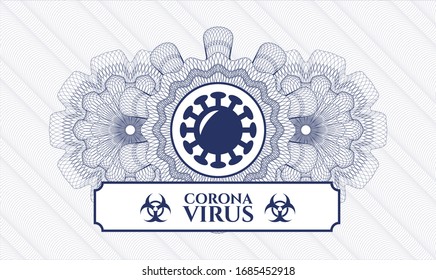 Blue rosette or money style emblem with coronavirus icon and Coronavirus text inside