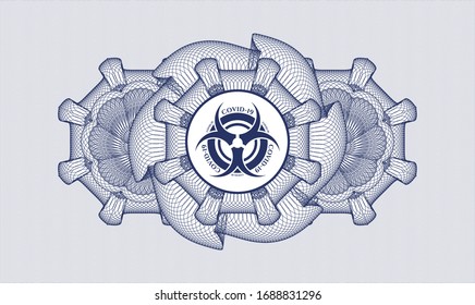 Blue rosette or money style emblem with biohazard covid-19 icon inside