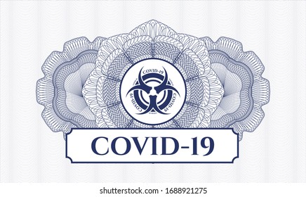 Blue rosette (money style emblem) with biohazard covid-19 icon and COVID-19 text inside