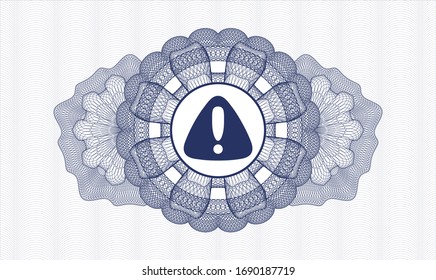 Blue rosette or money style emblem with warning icon inside