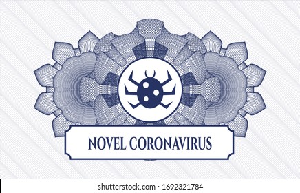 Estampilla azul de rosette o estilo de dinero con icono de bug y texto Novel Coronavirus dentro