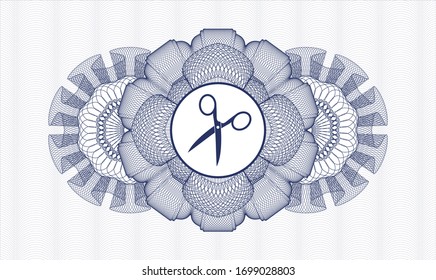 Rosette azul (emblema de estilo monetario) con icono de tijeras dentro