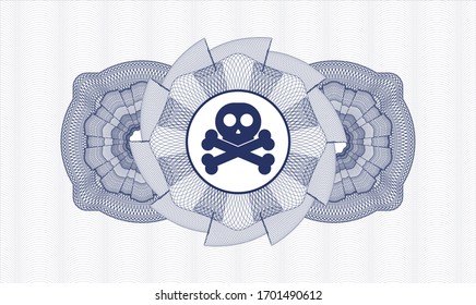 Blue rosette or money style emblem with crossbones icon inside