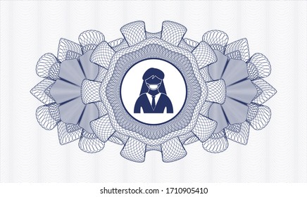 Blue rosette or money style emblem. Vector Illustration. Detailed with woman wearing face mask icon inside