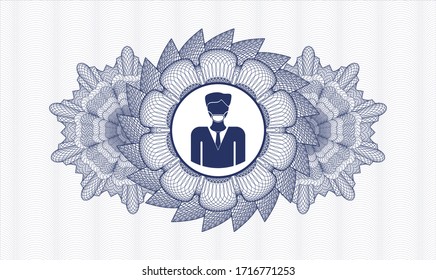 Blue rosette or money style emblem. Vector Illustration. Detailed with man wearing face mask icon inside