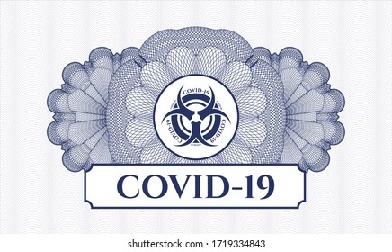 Blue rosette or money style emblem. Vector Illustration. Detailed with biohazard covid-19 icon and COVID-19 text inside
