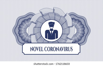Blue rosette (money style emblem). Vector Illustration. Detailed with man wearing face mask icon and Novel Coronavirus text inside