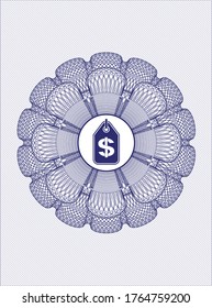Blue rosette or money style emblem. with money tag icon inside