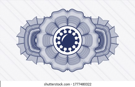 Blue rosette or money style emblem. Vector Illustration. Detailed with coronavirus icon inside