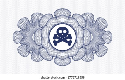 Blue rosette or money style emblem. Vector Illustration. Detailed with crossbones icon inside