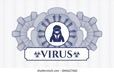 Blue rosette (money style emblem). Vector Illustration. Detailed with woman wearing face mask icon and Virus text inside