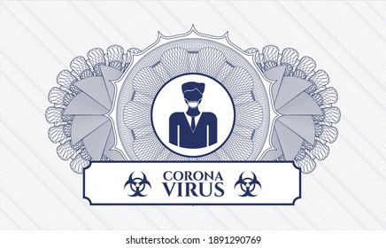 Blue rosette or money style emblem. Vector Illustration. Detailed with man wearing face mask icon and Coronavirus text inside