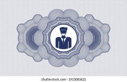 Blue rosette or money style emblem. Vector Illustration. Detailed with man wearing face mask icon inside