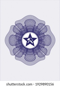 Blue rosette or money style emblem. with communism icon inside