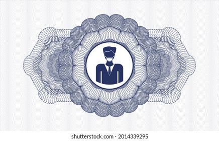 Blaue Rosette (Geldstil). Vektorgrafik. Detaillierte Angaben mit einem Mann mit einer Gesichtsmaske-Ikone im Inneren