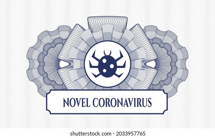 Blaue Rosette oder Geldstil-Emblem. Vektorgrafik. Detaillierte Beschreibung mit Fehlersymbol und Novel Coronavirus-Text im Inneren