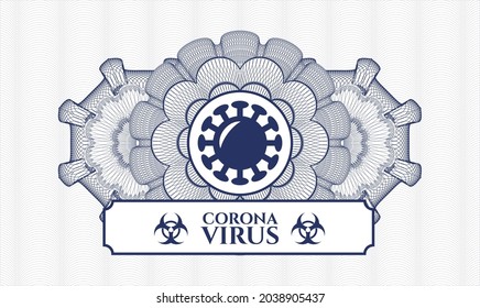 Blue rosette (money style emblem). Vector Illustration. Detailed with coronavirus icon and Coronavirus text inside