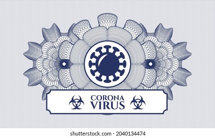 Blue rosette or money style emblem. Vector Illustration. Detailed with coronavirus icon and Coronavirus text inside