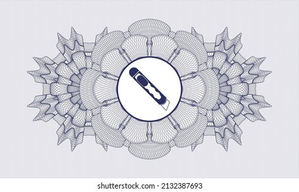 Blue rosette or money style emblem. Vector Illustration. Detailed with cutter icon inside