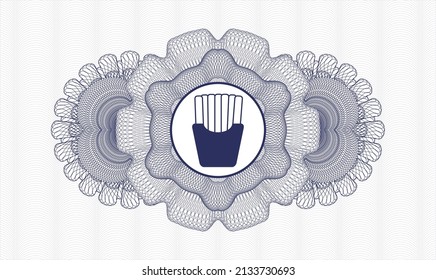 Blue rosette (money style emblem). Vector Illustration. Detailed with fries icon inside