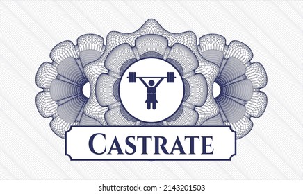 Blue rosette or money style emblem. Vector Illustration. Detailed with weightlifter girl icon and Castrate text inside