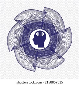 Blue rosette or money style emblem. with head with jigsaw puzzle piece icon inside