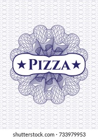 Blue rosette or money style emblem with text Pizza inside
