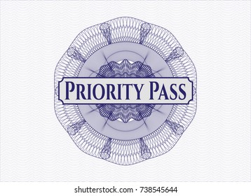 Blue rosette or money style emblem with text Priority Pass inside