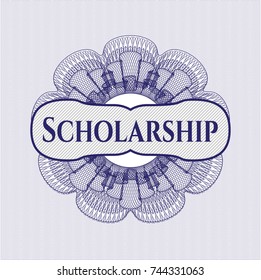 Blue rosette or money style emblem with text Scholarship inside