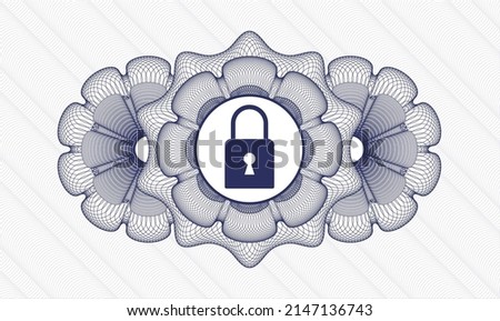 Blue rosette or money style emblem. Vector Illustration. Detailed with closed lock icon inside
