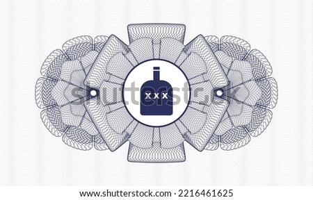Blue rosette or money style emblem. Vector Illustration. Detailed with bottle of alcohol icon inside