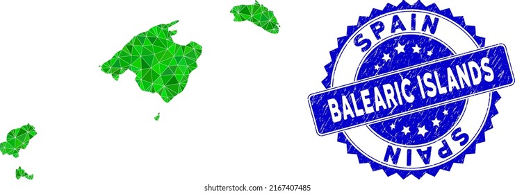 Blue rosette rubber badge and lowpoly Balearic Islands map mosaic in green colors. Triangulated Balearic Islands map polygonal symbol illustration, and scratched blue badge.