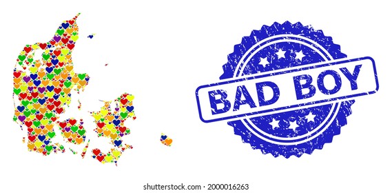 Blue rosette rubber seal with Bad Boy title. Vector mosaic LGBT map of Denmark with lovely hearts. Map of Denmark collage created with lovely hearts in bright color tones. For LGBT illustrations arts.
