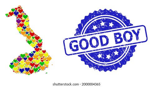 Blue rosette rubber seal with Good Boy message. Vector mosaic LGBT map of Galapagos - Isabela Island with love hearts.