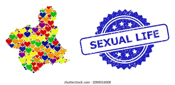 Blue rosette rubber seal imprint with Sexual Life caption. Vector mosaic LGBT map of Murcia Province with hearts. Map of Murcia Province collage designed with lovely hearts in colored color tones.