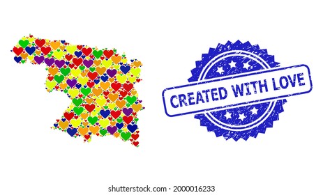 Blue rosette rubber seal imprint with Created with Love caption. Vector mosaic LGBT map of Zamora Province with love hearts.