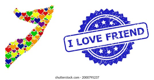 Blue rosette rubber seal imprint with I Love Friend text. Vector mosaic LGBT map of Somalia from lovely hearts. Map of Somalia collage designed with lovely hearts in colorful color hues.