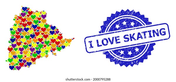 Blue rosette rubber seal imprint with I Love Skating title. Vector mosaic LGBT map of Telangana State with hearts. Map of Telangana State collage formed with love hearts in colored color tones.