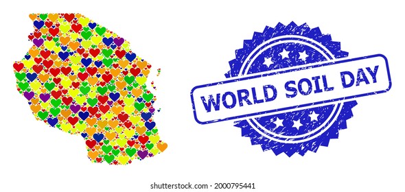 Blue rosette rubber seal imprint with World Soil Day phrase. Vector mosaic LGBT map of Tanzania with love hearts. Map of Tanzania collage formed with love hearts in colorful color tones.