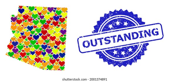 Blue rosette rubber seal imprint with Outstanding phrase. Vector mosaic LGBT map of Arizona State with lovely hearts. Map of Arizona State collage designed with lovely hearts in bright color tones.