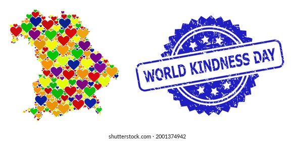 Blue rosette rubber seal imprint with World Kindness Day title. Vector mosaic LGBT map of Bavaria State with love hearts. Map of Bavaria State collage designed with love hearts in colorful color hues.