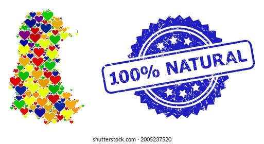 Blue rosette rubber seal imprint with 100 percent Natural phrase. Vector mosaic LGBT map of Palencia Province with love hearts. Map of Palencia Province collage designed with love hearts in bright