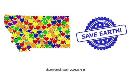 Blue rosette rubber seal imprint with Save Earth Exclamation title. Vector mosaic LGBT map of Montana State from love hearts. Map of Montana State collage designed with love hearts in colorful color