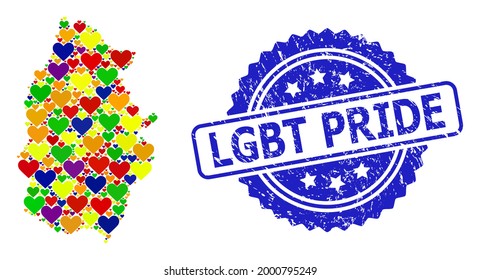 Blue rosette rubber seal with LGBT Pride text. Vector mosaic LGBT map of Lugo Province with love hearts. Map of Lugo Province collage formed with lovely hearts in multicolored color tinges.