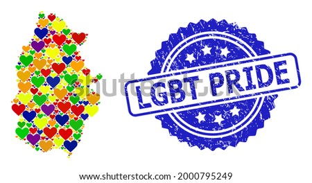 Blue rosette rubber seal with LGBT Pride text. Vector mosaic LGBT map of Lugo Province with love hearts. Map of Lugo Province collage formed with lovely hearts in multicolored color tinges.