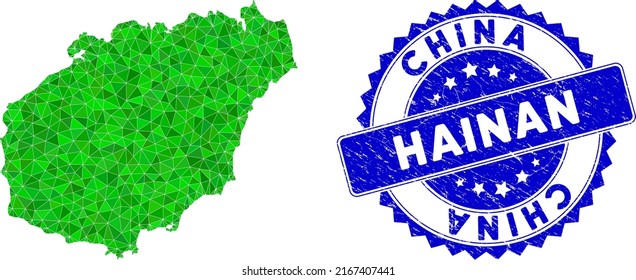 Blue rosette rubber seal and low-poly Hainan Island map mosaic in green colors. Triangulated Hainan Island map polygonal 2d illustration with textured blue seal.